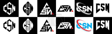 Illustration for CSN letter logo design in six style. CSN polygon, circle, triangle, hexagon, flat and simple style with black and white color variation letter logo set in one artboard. CSN minimalist and classic logo - Royalty Free Image