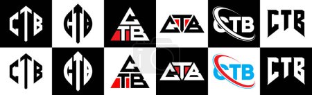 Ilustración de Diseño del logotipo de la letra CTB en seis estilos. CTB polígono, círculo, triángulo, hexágono, estilo plano y simple con el logotipo de la letra de variación de color blanco y negro establecido en una tabla de arte. Logo minimalista y clásico de CTB - Imagen libre de derechos