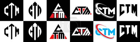 Illustration for CTM letter logo design in six style. CTM polygon, circle, triangle, hexagon, flat and simple style with black and white color variation letter logo set in one artboard. CTM minimalist and classic logo - Royalty Free Image