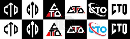 Illustration for CTO letter logo design in six style. CTO polygon, circle, triangle, hexagon, flat and simple style with black and white color variation letter logo set in one artboard. CTO minimalist and classic logo - Royalty Free Image