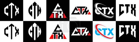 Ilustración de Diseño del logotipo de la letra CTX en seis estilos. CTX polígono, círculo, triángulo, hexágono, estilo plano y simple con el logotipo de la letra de variación de color blanco y negro establecido en una tabla de arte. Logo minimalista y clásico de CTX - Imagen libre de derechos