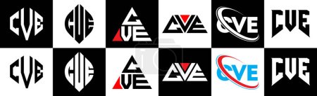 Illustration for CVE letter logo design in six style. CVE polygon, circle, triangle, hexagon, flat and simple style with black and white color variation letter logo set in one artboard. CVE minimalist and classic logo - Royalty Free Image