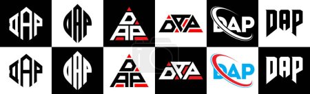 Illustration for DAP letter logo design in six style. DAP polygon, circle, triangle, hexagon, flat and simple style with black and white color variation letter logo set in one artboard. DAP minimalist and classic logo - Royalty Free Image