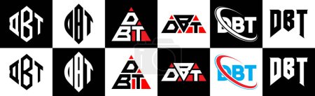 Illustration for DBT letter logo design in six style. DBT polygon, circle, triangle, hexagon, flat and simple style with black and white color variation letter logo set in one artboard. DBT minimalist and classic logo - Royalty Free Image