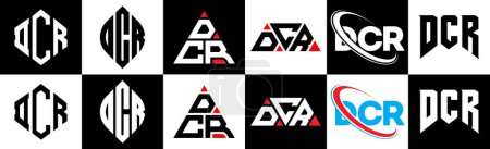 Ilustración de Diseño del logotipo de la letra DCR en seis estilos. Polígono DCR, círculo, triángulo, hexágono, estilo plano y simple con el logotipo de la letra de variación de color blanco y negro establecido en una tabla de arte. Logo minimalista y clásico de DCR - Imagen libre de derechos