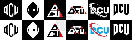 Illustration for DCU letter logo design in six style. DCU polygon, circle, triangle, hexagon, flat and simple style with black and white color variation letter logo set in one artboard. DCU minimalist and classic logo - Royalty Free Image
