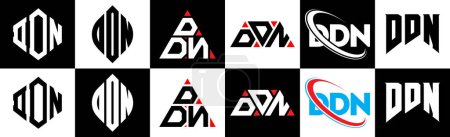 Ilustración de Diseño del logotipo de la letra DDN en seis estilos. Polígono DDN, círculo, triángulo, hexágono, estilo plano y simple con el logotipo de la letra de variación de color blanco y negro establecido en una placa de arte. Logo minimalista y clásico de DDN - Imagen libre de derechos