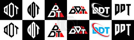 Illustration for DDT letter logo design in six style. DDT polygon, circle, triangle, hexagon, flat and simple style with black and white color variation letter logo set in one artboard. DDT minimalist and classic logo - Royalty Free Image
