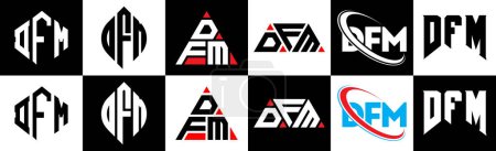 Illustration for DFM letter logo design in six style. DFM polygon, circle, triangle, hexagon, flat and simple style with black and white color variation letter logo set in one artboard. DFM minimalist and classic logo - Royalty Free Image
