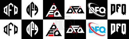 Illustration for DFQ letter logo design in six style. DFQ polygon, circle, triangle, hexagon, flat and simple style with black and white color variation letter logo set in one artboard. DFQ minimalist and classic logo - Royalty Free Image