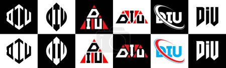 Ilustración de Diseño del logotipo de la letra DIU en seis estilos. DIU polígono, círculo, triángulo, hexágono, estilo plano y simple con el logotipo de la letra de variación de color blanco y negro establecido en una tabla de arte. Logo minimalista y clásico de DIU - Imagen libre de derechos