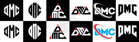 DMC letter logo design in six style. DMC polygon, circle, triangle, hexagon, flat and simple style with black and white color variation letter logo set in one artboard. DMC minimalist and classic logo