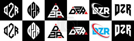 Ilustración de Diseño del logotipo de la letra DZR en seis estilos. Polígono DZR, círculo, triángulo, hexágono, estilo plano y simple con el logotipo de la letra de variación de color blanco y negro establecido en una placa de arte. Logo minimalista y clásico de DZR - Imagen libre de derechos