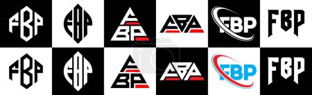 Ilustración de Diseño del logotipo de la letra FBP en seis estilos. FBP polígono, círculo, triángulo, hexágono, estilo plano y simple con el logotipo de la letra de variación de color blanco y negro establecido en una tabla de arte. Logo minimalista y clásico de FBP - Imagen libre de derechos