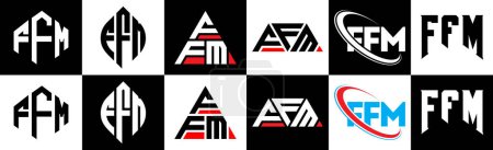 Illustration for FFM letter logo design in six style. FFM polygon, circle, triangle, hexagon, flat and simple style with black and white color variation letter logo set in one artboard. FFM minimalist and classic logo - Royalty Free Image