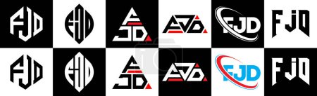 Illustration for FJD letter logo design in six style. FJD polygon, circle, triangle, hexagon, flat and simple style with black and white color variation letter logo set in one artboard. FJD minimalist and classic logo - Royalty Free Image
