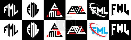 Illustration for FML letter logo design in six style. FML polygon, circle, triangle, hexagon, flat and simple style with black and white color variation letter logo set in one artboard. FML minimalist and classic logo - Royalty Free Image