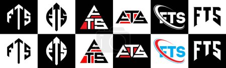 Ilustración de Diseño del logotipo de la letra FTS en seis estilos. FTS polígono, círculo, triángulo, hexágono, estilo plano y simple con el logotipo de la letra de variación de color blanco y negro establecido en una tabla de arte. Logo minimalista y clásico de FTS - Imagen libre de derechos
