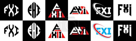 Illustration for FXI letter logo design in six style. FXI polygon, circle, triangle, hexagon, flat and simple style with black and white color variation letter logo set in one artboard. FXI minimalist and classic logo - Royalty Free Image