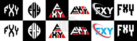 Illustration for FXY letter logo design in six style. FXY polygon, circle, triangle, hexagon, flat and simple style with black and white color variation letter logo set in one artboard. FXY minimalist and classic logo - Royalty Free Image