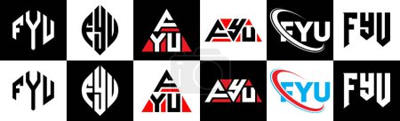 Ilustración de Diseño del logotipo de la letra FYU en seis estilos. FYU polígono, círculo, triángulo, hexágono, estilo plano y simple con el logotipo de la letra de variación de color blanco y negro establecido en una tabla de arte. Logo minimalista y clásico de FYU - Imagen libre de derechos