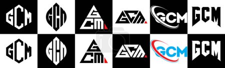 Téléchargez les illustrations : GCM lettre logo design dans six style. Polygone GCM, cercle, triangle, hexagone, style plat et simple avec lettre de variation de couleur noir et blanc logo dans un seul tableau. Logo minimaliste et classique GCM - en licence libre de droit