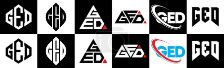 Illustration for GED letter logo design in six style. GED polygon, circle, triangle, hexagon, flat and simple style with black and white color variation letter logo set in one artboard. GED minimalist and classic logo - Royalty Free Image