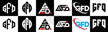 Ilustración de Diseño del logotipo de la letra GFD en seis estilos. GFD polígono, círculo, triángulo, hexágono, estilo plano y simple con el logotipo de la letra de variación de color blanco y negro establecido en una tabla de arte. Logo minimalista y clásico de GFD - Imagen libre de derechos