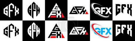 Ilustración de Diseño del logotipo de la letra GFX en seis estilos. GFX polígono, círculo, triángulo, hexágono, estilo plano y simple con el logotipo de la letra de variación de color blanco y negro establecido en una tabla de arte. Logo minimalista y clásico de GFX - Imagen libre de derechos