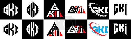 Ilustración de Diseño del logotipo de la letra GKI en seis estilos. GKI polígono, círculo, triángulo, hexágono, estilo plano y simple con el logotipo de la letra de variación de color blanco y negro establecido en una tabla de arte. Logo minimalista y clásico de GKI - Imagen libre de derechos