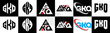 Ilustración de Diseño del logotipo de la letra GKQ en seis estilos. GKQ polígono, círculo, triángulo, hexágono, estilo plano y simple con el logotipo de la letra de variación de color blanco y negro establecido en una tabla de arte. Logo minimalista y clásico de GKQ - Imagen libre de derechos