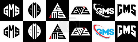 Ilustración de Diseño del logotipo de la letra GMS en seis estilos. GMS polígono, círculo, triángulo, hexágono, estilo plano y simple con el logotipo de la letra de variación de color blanco y negro establecido en una tabla de arte. Logo minimalista y clásico de GMS - Imagen libre de derechos