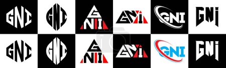 Illustration for GNI letter logo design in six style. GNI polygon, circle, triangle, hexagon, flat and simple style with black and white color variation letter logo set in one artboard. GNI minimalist and classic logo - Royalty Free Image