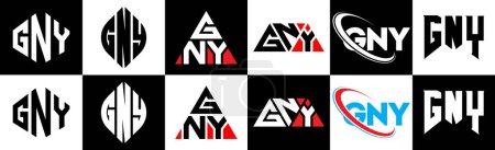 Illustration for GNY letter logo design in six style. GNY polygon, circle, triangle, hexagon, flat and simple style with black and white color variation letter logo set in one artboard. GNY minimalist and classic logo - Royalty Free Image
