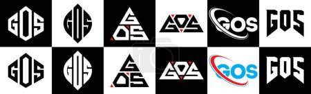 Ilustración de Diseño del logotipo de la letra GOS en seis estilos. GOS polígono, círculo, triángulo, hexágono, estilo plano y simple con el logotipo de la letra de variación de color blanco y negro establecido en una tabla de arte. Logo minimalista y clásico de GOS - Imagen libre de derechos