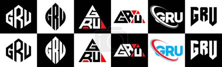 Illustration for GRU letter logo design in six style. GRU polygon, circle, triangle, hexagon, flat and simple style with black and white color variation letter logo set in one artboard. GRU minimalist and classic logo - Royalty Free Image