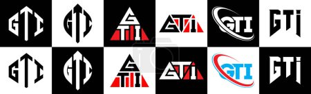 Illustration for GTI letter logo design in six style. GTI polygon, circle, triangle, hexagon, flat and simple style with black and white color variation letter logo set in one artboard. GTI minimalist and classic logo - Royalty Free Image