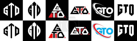 Illustration for GTO letter logo design in six style. GTO polygon, circle, triangle, hexagon, flat and simple style with black and white color variation letter logo set in one artboard. GTO minimalist and classic logo - Royalty Free Image