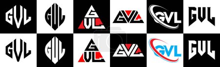 Ilustración de Diseño del logotipo de la letra GVL en seis estilos. GVL polígono, círculo, triángulo, hexágono, estilo plano y simple con el logotipo de la letra de variación de color blanco y negro establecido en una tabla de arte. Logo minimalista y clásico de GVL - Imagen libre de derechos