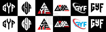 Ilustración de Diseño del logotipo de la letra GYF en seis estilos. GYF polígono, círculo, triángulo, hexágono, estilo plano y simple con el logotipo de la letra de variación de color blanco y negro establecido en una tabla de arte. Logo minimalista y clásico de GYF - Imagen libre de derechos