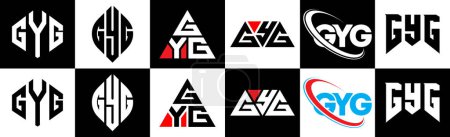 Ilustración de Diseño del logotipo de la letra GYG en seis estilos. GYG polígono, círculo, triángulo, hexágono, estilo plano y simple con el logotipo de la letra de variación de color blanco y negro establecido en una tabla de arte. Logo minimalista y clásico de GYG - Imagen libre de derechos