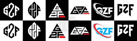 Ilustración de Diseño del logotipo de la letra GZF en seis estilos. GZF polígono, círculo, triángulo, hexágono, estilo plano y simple con el logotipo de la letra de variación de color blanco y negro establecido en una tabla de arte. Logo minimalista y clásico de GZF - Imagen libre de derechos