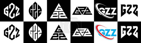 Ilustración de Diseño del logotipo de la letra GZZ en seis estilos. GZZ polígono, círculo, triángulo, hexágono, estilo plano y simple con el logotipo de la letra de variación de color blanco y negro establecido en una tabla de arte. Logo minimalista y clásico de GZZ - Imagen libre de derechos