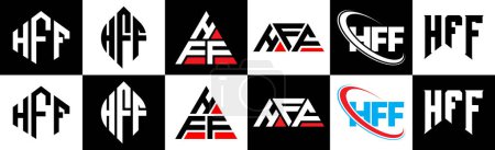 Ilustración de Diseño del logotipo de la letra HFF en seis estilos. HFF polígono, círculo, triángulo, hexágono, estilo plano y simple con el logotipo de la letra de variación de color blanco y negro establecido en una tabla de arte. Logo minimalista y clásico de HFF - Imagen libre de derechos