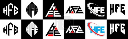 Ilustración de Diseño del logotipo de la letra HFE en seis estilos. HFE polígono, círculo, triángulo, hexágono, estilo plano y simple con el logotipo de la letra de variación de color blanco y negro establecido en una tabla de arte. Logo minimalista y clásico de HFE - Imagen libre de derechos