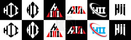 Ilustración de Diseño del logotipo de la letra HII en seis estilos. HII polígono, círculo, triángulo, hexágono, estilo plano y simple con el logotipo de la letra de variación de color blanco y negro establecido en una tabla de arte. Logotipo minimalista y clásico HII - Imagen libre de derechos