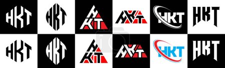 Illustration for HKT letter logo design in six style. HKT polygon, circle, triangle, hexagon, flat and simple style with black and white color variation letter logo set in one artboard. HKT minimalist and classic logo - Royalty Free Image