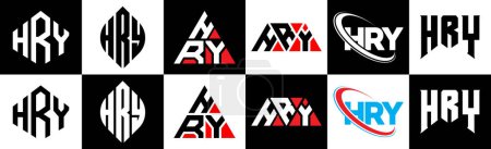 Illustration for HRY letter logo design in six style. HRY polygon, circle, triangle, hexagon, flat and simple style with black and white color variation letter logo set in one artboard. HRY minimalist and classic logo - Royalty Free Image