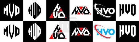 Illustration for HVO letter logo design in six style. HVO polygon, circle, triangle, hexagon, flat and simple style with black and white color variation letter logo set in one artboard. HVO minimalist and classic logo - Royalty Free Image