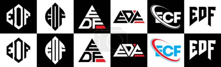Illustration for EDF letter logo design in six style. EDF polygon, circle, triangle, hexagon, flat and simple style with black and white color variation letter logo set in one artboard. EDF minimalist and classic logo - Royalty Free Image